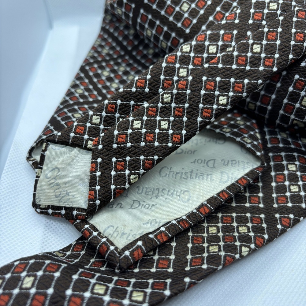 Christian Dior Necktie Brown Geometric Diamond Pattern Men's Tie 70s Disco Retro - Picture 8 of 8